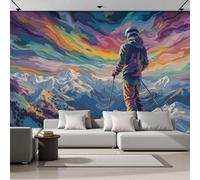 Fotomurale 3D Púrpura Esquiadores de pie en la cima de la montaña Estilo de deportes de aventura 350x256cm Papel Pintado Fotográfico, Decoración De la Pared Murales para Salón, Dormitorio