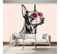 Fotomurale Carta da Parati Animal Minimalista Con Gafas De Sol Doberman Pinscher, 250Anx175Al cm Fotomurali Murale 3D Poster Moderna, Carta da Parati Decora per Camera Letto Stanza dei Bambini