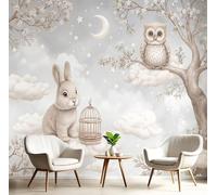 Fotomurale Carta da Parati Animales Lindos Con Nubes Conejos Búhos, 400Anx280Al cm Fotomurali Murale 3D Poster Moderna, Carta da Parati Decora per Camera Letto Stanza dei Bambini