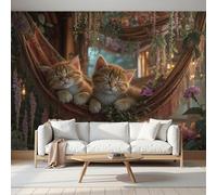 Fotomurale Carta da Parati Lindo Animales Con Jardín Hamaca Gato, 450Anx315Al cm Fotomurali Murale 3D Poster Moderna, Carta da Parati Decora per Camera Letto Stanza dei Bambini