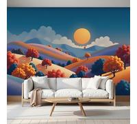 Fotomurale Carta da Parati Paisaje Ilustración Con Otoño Colinas Sol, 400Anx280Al cm Fotomurali Murale 3D Poster Moderna, Carta da Parati Decora per Camera Letto Stanza dei Bambini