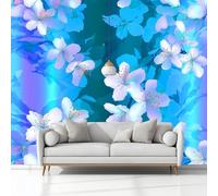 Fotomurale Murales Ilustración Digital Flores De Cerezo Holográficas 200 x 140 cm Papel Pintado no Tejido, Azul Papel Tapiz Fotográfico, para Salon Dormitorio Oficina Mural de Decoración de Pared