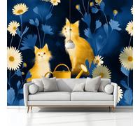 Fotomurale Murales Ilustración Digital Margaritas Gato 200 x 140 cm Papel Pintado no Tejido, Azul Papel Tapiz Fotográfico, para Salon Dormitorio Oficina Mural de Decoración de Pared