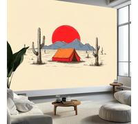 Fotomurale Murales Minimalismo Puesta Desierto Tienda Campaña Cactus 200 x 140 cm Papel Pintado no Tejido, Beige Papel Tapiz Fotográfico - Salon Dormitorio Oficina Mural de Decoración de Pared