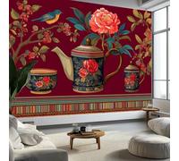 Fotomurale Murales Patrones Chinos Juegos De Té Flores Pájaros 200 x 140 cm Papel Pintado no Tejido, Rojo Papel Tapiz Fotográfico - Salon Dormitorio Oficina Mural de Decoración de Pared