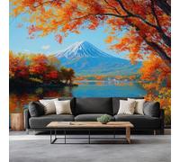 Fotomurale Murales Pintura Al Óleo Monte Fuji Hojas De Otoño 450 x 315 cm Papel Pintado no Tejido, Azul Papel Tapiz Fotográfico - Salon Dormitorio Oficina Mural de Decoración de Pared