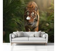 Fotomurale no Tejido Animales Tigre 350 x 256 cm Papel Pintado Decoración de Pared moderna, Verde Murales póster, para Dormitorio Salón TV Pared Murales