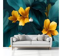 Fotomurale no Tejido Ilustración Digital Hojas Verdes Flores Amarillas 200 x 140 cm Papel Pintado Decoración de Pared moderna, Verde Murales póster, para Dormitorio Salón TV Pared Murales