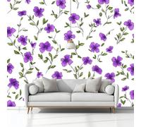Fotomurale no Tejido Minimalismo Flores Moradas Hojas Verdes 200 x 140 cm Papel Pintado Decoración de Pared moderna, Murales póster efecto 3D, Decorativos Murales para Dormitorio Salón TV Pared