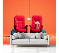 Fotomurale no Tejido Retro Sillas Cine Palomitas Maíz Tiras Película 250 x 175 cm Papel Pintado Decoración de Pared moderna, Color Naranja Murales póster, para Dormitorio Salón TV Pared Murales