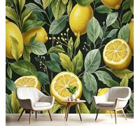 Fotomurales 150×105 Cm Tela De Seda, Limones Hojas En 3D Fotográfico Papel De Pared, Colores Mixtos Mural Estilo Realista, Dormitorios/Salón/Hotel/Fondo Tv Decoración Pared
