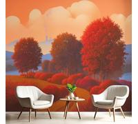 Fotomurales 150Anx105Al cm Tela de Seda, Camino De Arbustos Fotográfico Papel de Pared, Rojo Mural de 3D Paisaje De Dibujos Animados, Dormitorios/Salón/Hotel/Fondo de TV Decoración De Pared