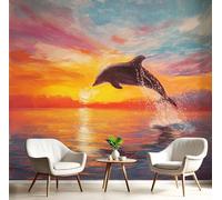 Fotomurales 150Anx105Al cm Tela de Seda, Delfines En Superficie Agua Fotográfico Papel de Pared, Rojo naranja Mural de 3D Cielo Al Atardecer, Dormitorios/Salón/Hotel/Fondo de TV Decoración De Pared
