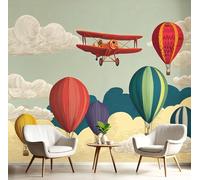 Fotomurales 200×150cm Globos Aerostáticos Aviones Papel Pintado Tejido No Tejido, Niños Ilustración Fotomural Efecto 3D Papel Tapiz XL Decorativos pared Murales Beige Póster para Dormitorio Salón TV