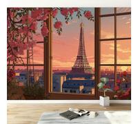 Fotomurales 200 x 140 cm Papel pintado tejido no tejido decorativos Murales Atardecer En París Sobre La Torre Eiffel, Moderna Decoración De Pared Sala Cuarto Oficina, Rosa