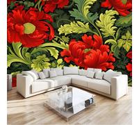 Fotomurales 200 x 140 cm Papel pintado tejido no tejido decorativos Murales Flores Y Hojas De William Morris, Moderna Decoración De Pared Sala Cuarto Oficina, Rojo Y Verde