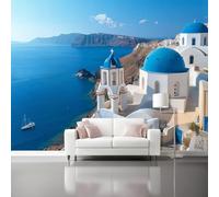 Fotomurales 200 x 140 cm Papel pintado tejido Pared corativos Murales Arquitectura con vistas al mar estilo resort póster para sala de estar, adulto habitación de niños, estudio Azul Blanco