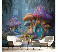 Fotomurales 250×175cm Cuento Hadas Casa Setas Papel Pintado Tejido No Tejido, Bosque Camino Fotomural Efecto 3D Papel Tapiz XL Decorativos pared Murales Verde Póster para Dormitorio Salón