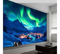 Fotomurales 250 x 175 cm Papel pintado tejido no tejido decorativos Murales Maravillas Naturales Cielo Nocturno Aurora Boreal, Moderna Decoración De Pared Sala Cuarto Oficina, Azul Verdoso
