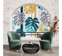 Fotomurales 250x175cm,Papel pintado tejido no tejido Decoración de Pared decorativos Murales moderna de Diseno Fotográfico naturaleza,Hojas de monstera y patrones de rayas,Estilo nórdico de Instagram