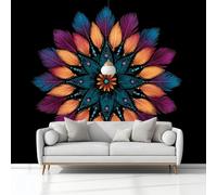 Fotomurales 300 x 210 cm Arte Digital Mandala Plumas Hojas Papel Pintado Tejido No Tejido Negro Fotomural Efecto 3D Papel Tapiz Decorativos, pared Murales Póster para Dormitorio Salón TV Pared