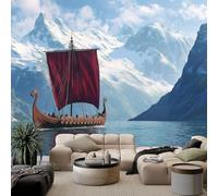 Fotomurales 300 x 210 cm Papel pintado tejido no tejido decorativos Murales Barcos Vikingos Y Montañas Nevadas, Moderna Decoración De Pared Sala Cuarto Oficina, Azul