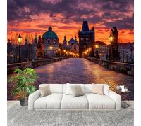 Fotomurales 300x210 cm Arquitectura De La Ciudad Del CrepúSculo Decoración Muro Murales Papel Pintado tejido no tejido Púrpura Moderna Panoramico Fotográfico Adhesivos Impermeable Papel Tapiz
