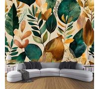 Fotomurales 350×256 Cm Tela De Seda, Hojas Retro Fotográfico Papel De Pared, Marrón Beige Mural Ilustraciones Plantas Acuarela, Dormitorios/Salón/Hotel/Fondo Tv Decoración Pared