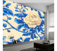 Fotomurales 350 x 256 cm Papel pintado tejido no tejido decorativos Murales Estilo Chino Flores Peonía, Moderna Decoración De Pared Sala Cuarto Oficina, Beige