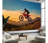 Fotomurales 350 x 256 cm Papel pintado tejido no tejido decorativos Murales Moderno Jinete Motocicleta Montañas, Moderna Decoración De Pared Sala Cuarto Oficina, Azul Anaranjado