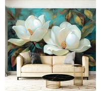 Fotomurales 350 x 256 cm Papel pintado tejido no tejido Pintura al óleo de magnolia retro Decoración de Pared decorativos Murales moderna Diseno Verde y azul