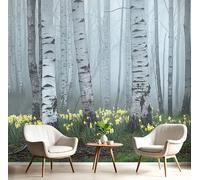 Fotomurales 350Anx256Al cm Tela de Seda, Bosque Abedules Primavera Fotográfico Papel de Pared, Gris claro Mural de 3D Paisaje Niebla, Dormitorios/Salón/Hotel/Fondo de TV Decoración De Pared