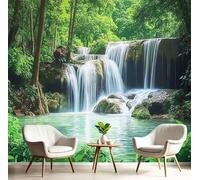 Fotomurales 350Anx256Al cm Tela de Seda, Bosque Cascada Fotográfico Papel de Pared, Verde esmeralda Mural de 3D Pastoral Paisaje, Dormitorios/Salón/Hotel/Fondo de TV Decoración De Pared