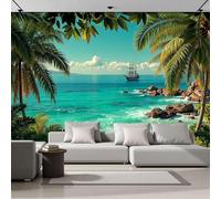 Fotomurales 3D Estilo de aventura tropical Palmeras, playa, velero 350x256cm Papel Pintado Fotográfico, Decoración De la Pared Murales para Salón, Dormitorio, Habitación para Niños, Pared de TV