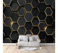 Fotomurales 3D Patrón De Panal Geométrico Negro Dorado 350x256 cm Papel Pintado Fotográfico, Decoración De la Pared Murales para Salón, Dormitorio, Habitación para Niños, Pared de TV