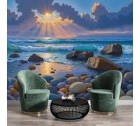 Fotomurales 3D Playa De Guijarros Atardecer En El Océano 450X300Cm Papel Pintado Fotográfico,Decoración De La Pared Murales Para Salón,Dormitorio,Habitación Para Niños,Pared De Tv