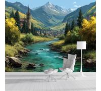 Fotomurales 3D Ríos De Las Montañas Rocosas Paisaje De Otoño 300X210Cm Papel Pintado Fotográfico,Decoración De La Pared Murales Para Salón,Dormitorio,Habitación Para Niños,Pared De Tv