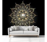Fotomurales 400 x 280 cm Arte Digital Mandala Dorado Papel Pintado Tejido No Tejido Negro Fotomural Efecto 3D Papel Tapiz Decorativos, pared Murales Póster para Dormitorio Salón TV Pared