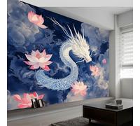 Fotomurales 400 x 280 cm Papel pintado tejido no tejido decorativos Murales Fantasía Animales Dragones Loto, Moderna Decoración De Pared Sala Cuarto Oficina, Azul Grisáceo