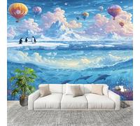 Fotomurales 400x280 cm Cuentos De Hadas PingüInos Delfines. Decoración Muro Murales Papel Pintado tejido no tejido Azul Claro Moderna Panoramico Fotográfico Adhesivos Impermeable Papel Tapiz