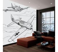 Fotomurales 400x280 cm Papel Pintado Tejido no Tejido Aviones Segunda Guerra Mundial Dibujados En Blanco Y Negro, Moderna Murales Fotográfico Decoración de Pared Sala Cuarto Oficina Salón