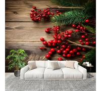 Fotomurales 400x280 cm Vintage Bayas Ramas De Pino. Decoración Muro Murales Papel Pintado tejido no tejido MarróN Moderna Panoramico Fotográfico Adhesivos Impermeable Papel Tapiz