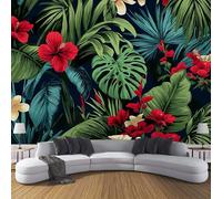 Fotomurales 450×315 Cm Tela De Seda, Flores Hojas Tropicales Fotográfico Papel De Pared, Mural Hojas Palma, Monstera Deliciosa, Flores Hibisco, Dormitorios/Salón/Hotel/Fondo Tv Decoración Pared