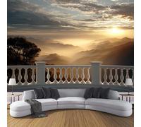 Fotomurales 450×315cm Elegante Balcón Estilo Europeo Papel Pintado Tejido No Tejido Amanecer Montañas Fotomural Efecto 3D Amarillo Papel Tapiz Decorativos pared XXL Murales Póster para Salón TV Pared