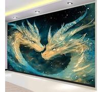 Fotomurales 450 x 280 cm Papel pintado tejido no tejido decorativos Murales Fantasía Animales Dragones, Moderna Decoración De Pared Sala Cuarto Oficina, Azul