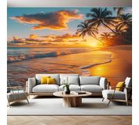 Fotomurales 450x315 cm Árboles de coco en Sunset Beach Papel pintado tejido no tejido Decoración de Pared decorativos Murales Bar Dormitorio Fondo de Pared