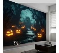 Fotomurales 500 x 280 cm Papel pintado tejido no tejido decorativos Murales Halloween Bosque Linternas De Calabaza, Moderna Decoración De Pared Sala Cuarto Oficina, Verde Oscuro