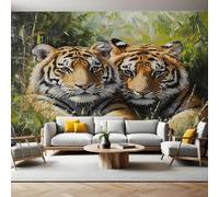 Fotomurales Animales dos tigres Papel Tapiz Fotográfico 400x280 cm Tejido No Tejido Decor de la Pared Murales para Salón Dormitorio TV Pared Habitación Niños
