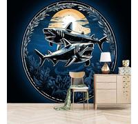 Fotomurales Autoadhesivo 300x210cm Tiburones Dando Vueltas Al Atardecer - No Tejido - ExtraíBle Para Despegar Y Pegar - Estilo De Ilustración Retro 3d Tv Fondo Pared Dormitorio Murales Papel
