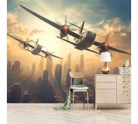 Fotomurales Autoadhesivo 300x256cm Avión Retro Urbano - No Tejido - ExtraíBle Para Despegar Y Pegar - Vistas De La Ciudad 3d Tv Fondo Pared Dormitorio Murales Papel Tapiz Moderno